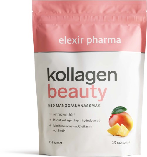Pink and white package of collagen beauty supplement with mango flavor, containing 25 doses for skin and hair health.