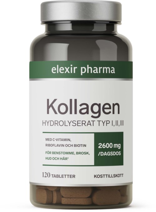 En flaska märkt Kollagen hydrolyserat, med 120 tabletter, innehållande 2600 mg, från Elexir Pharma för hud, hår och leder.