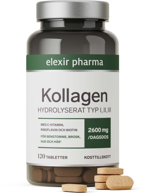 En flaska märkt Kollagen med tabletter inuti, främjar hud, hår och ledhälsa. Innehåller vitaminer och biotin.
