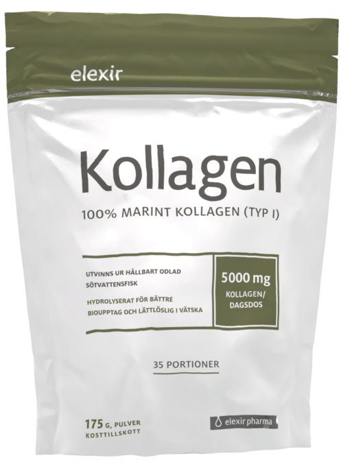 Ett paket kollagenkomplement med grönt och vitt, innehållande 35 portioner och 175 g pulver.