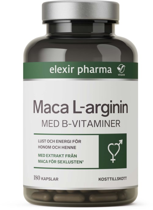 A dark container with a green and white label for Maca L-arginin vitamin supplement, showing it helps energy and love.