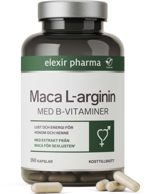 A bottle of Maca L-arginine dietary supplement with 180 capsules, labeled for energy and libido support, by Elexir Pharma.
