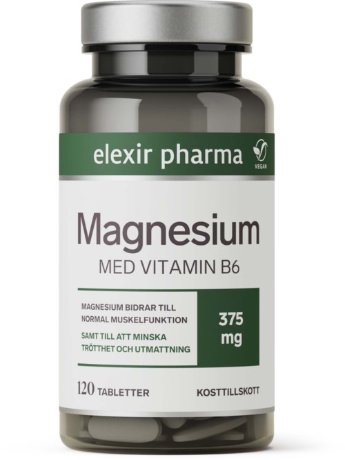 En flaska magnesiumtillskott med vitamin B6, 120 tabletter, från Elexir Pharma.
