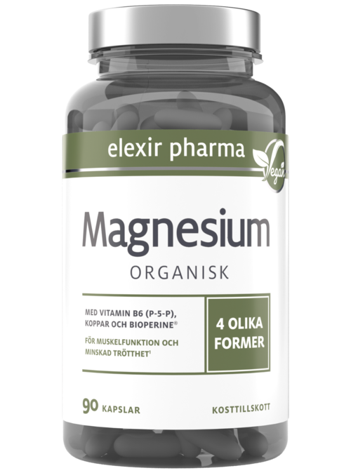 A bottle labeled "Magnesium Organisk" from Elexir Pharma with 90 capsules, added vitamins, and health benefits information.