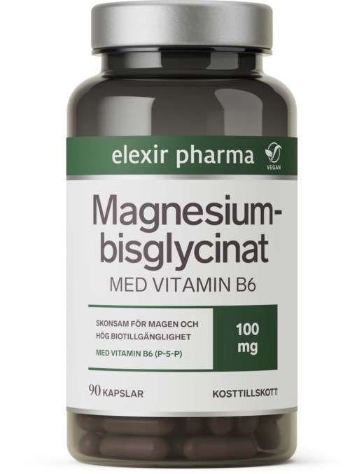 En flaska magnesiumtillskott med vitamin B6, märkt för mage och matsmältningshälsa, innehåller 90 kapslar.
