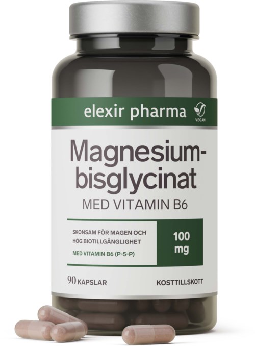En flaska märkt magnesiumbisglycinat med 100 mg dos och vitamin B6, med några kapslar utanför.
