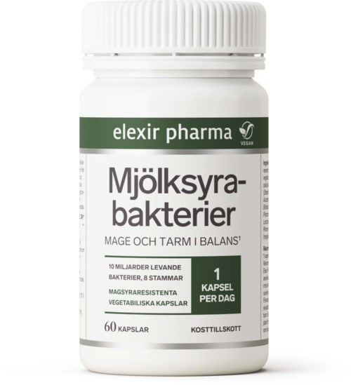 En vit flaska med en grön etikett som säger mjölkyogurtbakterier, kapslar för tarmhälsa, med 60 kapslar inuti.