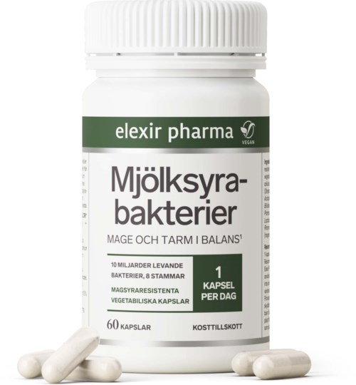 En vit flaska märkt 'elexir pharma' innehåller 60 kapslar av mjölksyrabakterier för tarmhälsa.