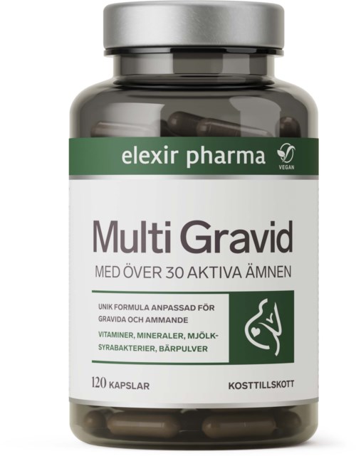 A bottle labeled Multi Gravid, with green and white packaging, designed for pregnant women with over 30 active ingredients.