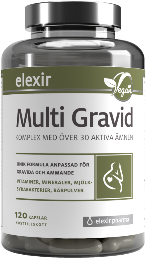 A supplement bottle labeled 'Multi Gravid' for pregnant women, containing vitamins, minerals, milk and berry powders, with 120 capsules.