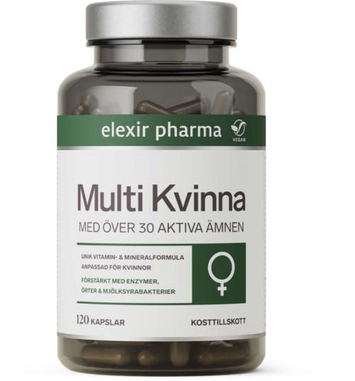 En kosttillskottsflaska som heter Multi Kvinna för kvinnor över 30, innehållande 120 kapslar, med vitaminer och mineraler.