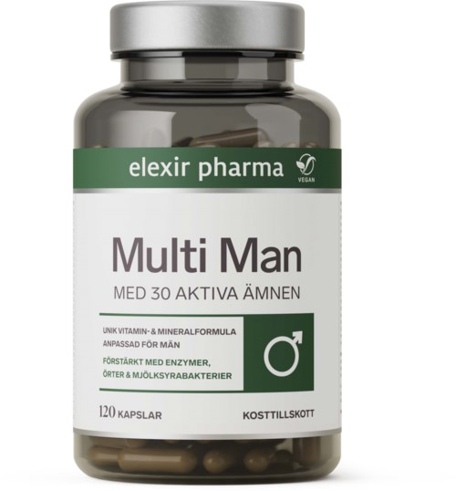 En flaska märkt Multi Man med 120 kapslar, avsedd för manlig hälsa, tillverkad av Elexir Pharma.