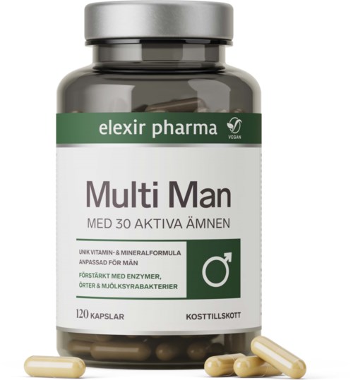 Vegan kosttillskottflaska kallad Multi Man med 120 kapslar för mäns hälsa, med vitaminer, enzymer och probiotika.