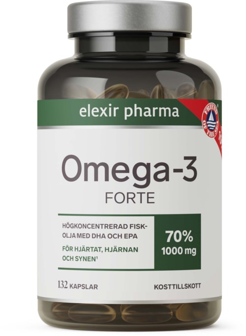 Bottle of Omega-3 capsules labeled Elexir Pharma, indicating 70% concentration and 1000 mg per capsule, for heart and brain health.