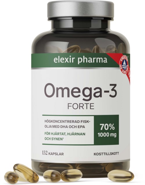 A bottle of Omega-3 supplements with fish oil capsules and a few capsules outside. Labels say Forte, 70%, 1000 mg.