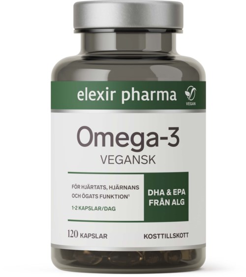 A bottle labeled Omega-3 vegan supplement with 120 capsules, from Elexir Pharma, for brain and eye health.