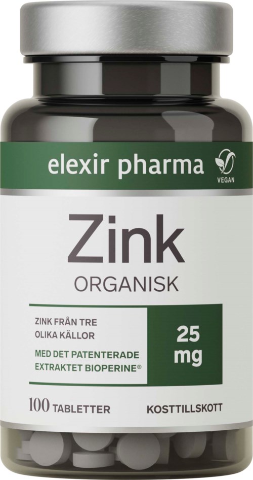 A bottle labeled Zink organic, with 100 tablets and 25 mg zinc, from elixir pharma, vegan and health supplement.
