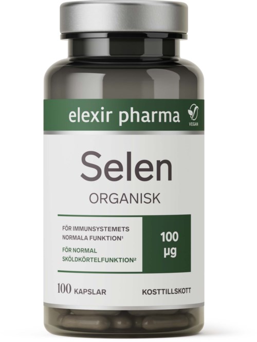 En kosttillskottsflaska märkt Elexir Pharma Selen, organiskt, för immun- och sköldkörtelstöd, innehåller 100 kapslar, 100 mikrogram vardera.