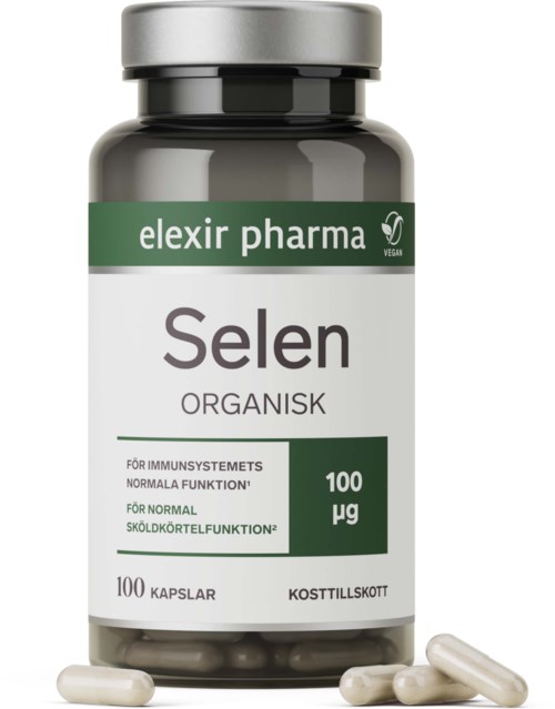 En tillskottsflaska märkt Selen av elixir pharma med 100 kapslar. Etiketten nämner att det stöder immun- och sköldkörtelfunktion.