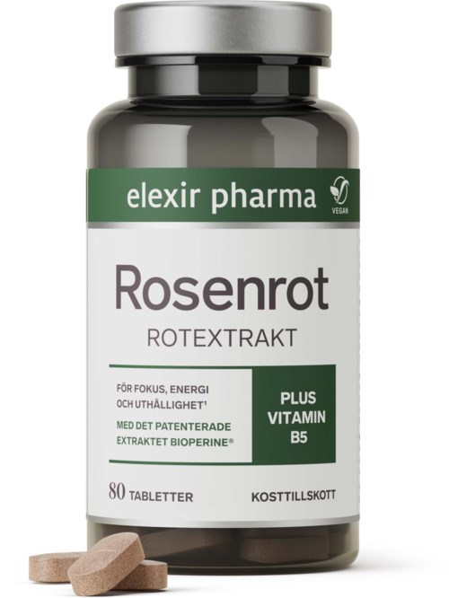 En flaske kosttilskudd som heter Rosenrot, med tabletter i nærheten, som fremmer energi og fokus.