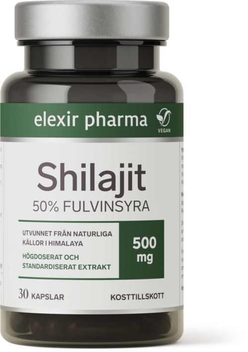 En flaska med örtpreparat kallad Shilajit med 50% fulvinsyra, visar 30 kapslar och 500 mg dosering.