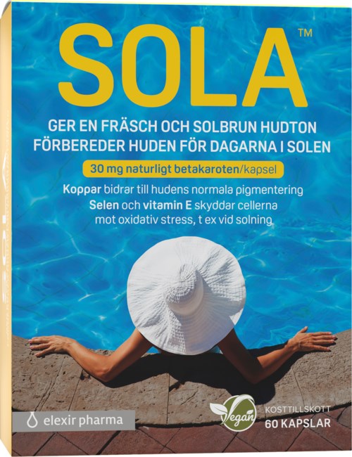 Ett solskyddstillskott med svensk text som beskriver fördelar, visar en person med hatt vid en pool.