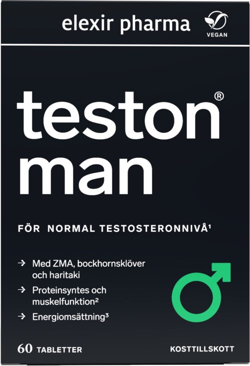 A black package with white and green text, showing it is for men's testosterone supplements, vegan, and contains 60 tablets.