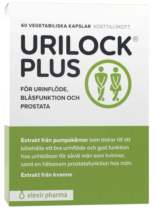 Logo for Urilock Plus tilskudd for urinhelse, med tekst og ikoner av menn, grønt og hvitt.