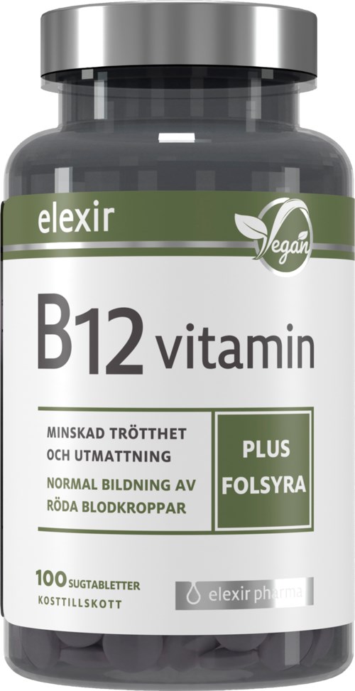 En flaske vegansk B12-vitamintabletter med grønn og hvit etikett, nevner fordeler som redusert tretthet og forbedret blodstrøm.