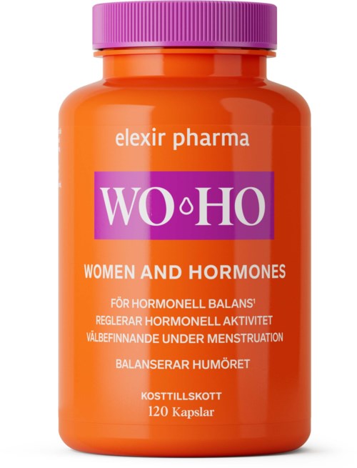 Orange flaska med lila lock, märkt WO HO kvinnor och hormoner tillskott för hormonbalans och menstruation.