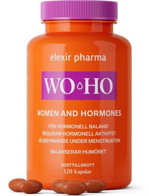 En flaska kapslar kallad WO·HO för kvinnors hormoner och balans, med rosa lock och orange flaska, innehållande 120 kapslar.
