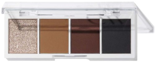 En palett med fyra olika färgade makeup-puder: glittrig, beige, brun och svart, i ett genomskinligt plastfodral.