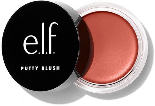 En rund behållare med rosa puderrouge och svart lock märkt "elf Putty Blush".