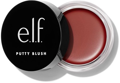 En rund behållare med elf putty blush med svart lock som visar varumärket, och rougen är rödbrun.