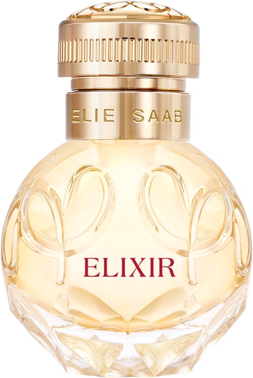 A perfume bottle with a gold cap, the words 'ELIE SAAB' on top, and 'ELIXIR' on the front. Clear glass with a decorative design.