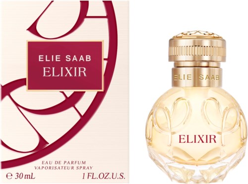 A perfume bottle with gold and clear design next to a box with red and white colors, titled "Elie Saab Elixir."
