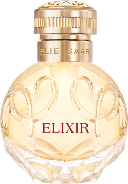 A perfume bottle with a round, clear glass design, gold cap, and the words "ELIXIR" and "ELIE SAAB".