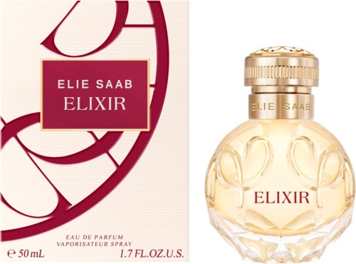 Elie Saab Elixir perfume bottle and box, gold cap, pink and white packaging, elegant design.