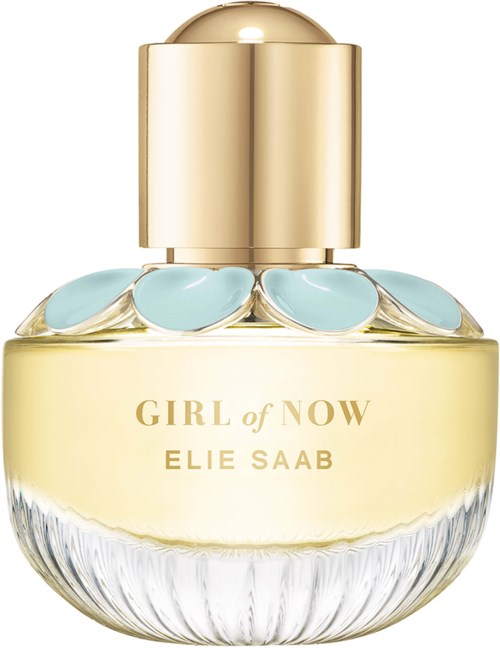 A perfume bottle labeled 'GIRL of NOW' by ELIE SAAB, with a gold cap and light blue decorative elements.