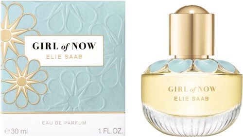 A perfume bottle and box are shown, with a light blue and gold design and flowers, called Girl of Now by Elie Saab.