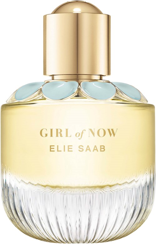 A perfume bottle labeled "Girl of Now" by Elie Saab, with a gold cap and light blue decorative elements.