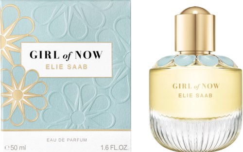 A perfume bottle and box with floral designs, gold cap, and the label "Girl of Now Elie Saab."