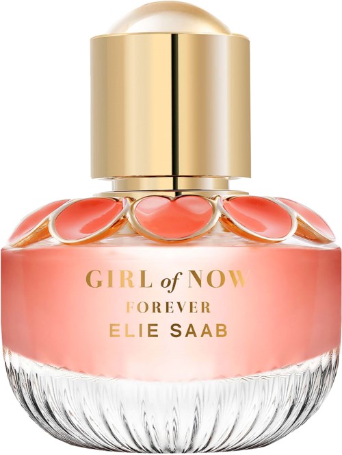 A perfume bottle with a round, clear base, pink liquid, gold cap, and heart-shaped decorations around the neck.