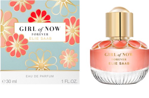 A perfume bottle and box with floral designs, labeled "GIRL of NOW FOREVER ELIE SAAB," in pink, gold, and light blue colors.