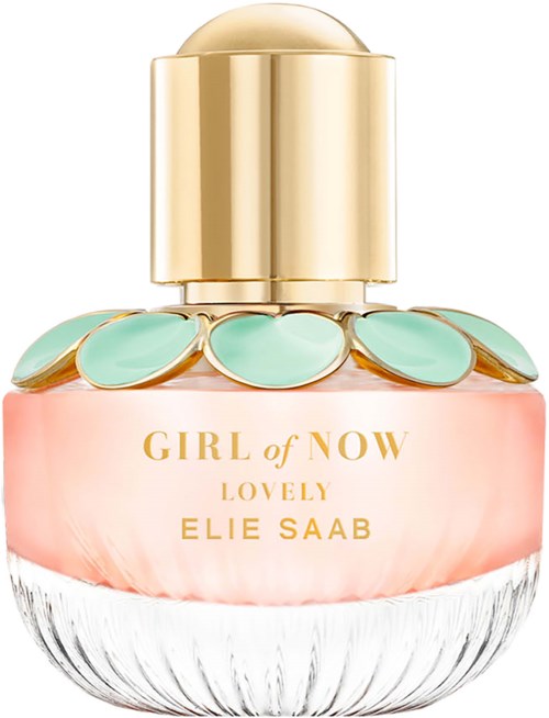 A perfume bottle with a gold cap, pastel green decorations, and pink liquid inside. The label says 'Girl of Now Lovely Elie Saab.'