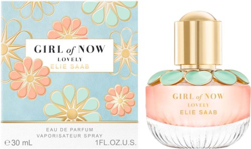 A perfume bottle with a pastel floral design box, gold cap, and pink liquid scent. Text says 'Girl of Now Lovely.'