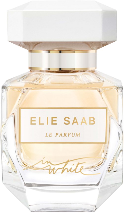 A perfume bottle with a white cap, gold accents, and a label reading "Elie Saab Le Parfum White."