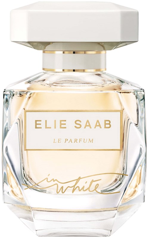 A clear perfume bottle with a gold-rimmed white cap, labeled Elie Saab Le Parfum in gold and white text.
