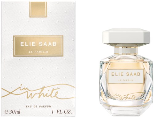 A perfume bottle and box of Elie Saab Le Parfum In White, elegant and simple design with gold and white colors.