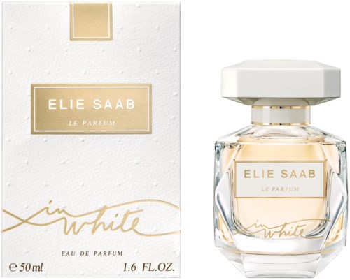 Perfume bottle and box labeled 'Elie Saab Le Parfum in white' with gold and white design.